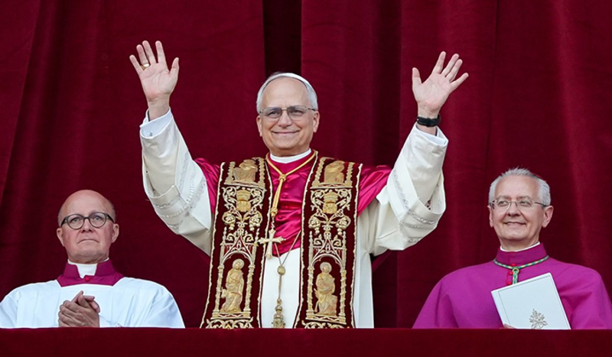 0508pope-Pope-Leo-XIV-the-former-Cardinal-Robert-Prevost-waves-to-the-crowds-in-St-Peter-s-Square-at-the-Vatican-after-his-election-as-pope_CNS-LolaGomez